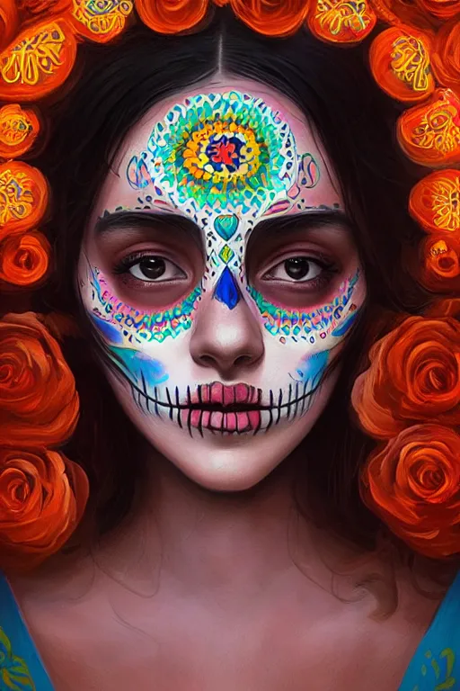 Image similar to portrait of mexican girl girl with colorful day of the dead patterns, staring directly into camera, intricate, elegant, glowing lights, highly detailed, digital painting, artstation, sharp focus, illustration, art by wlop, mars ravelo and greg rutkowski