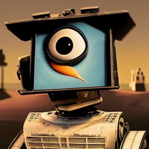 Image similar to wall-e with head of salvador dalí surprised