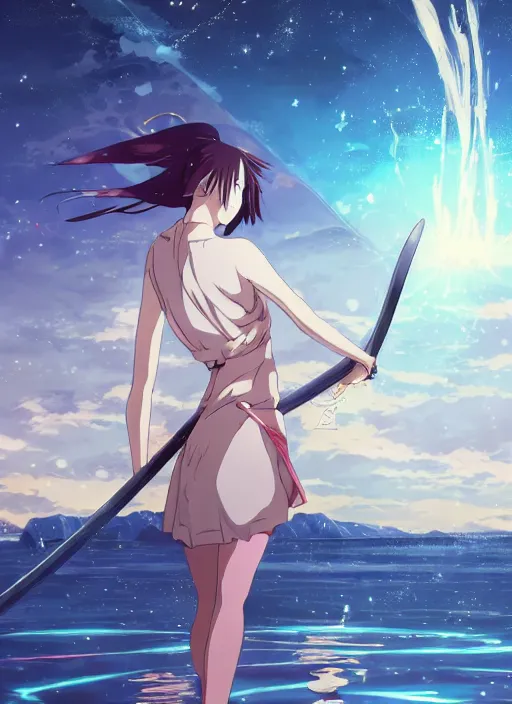 Prompt: a beautiful anime girl walking on water holding a beautiful katana, ripples, backdrop of dawn, giant planets in the background, anime illustration from genshin impact from demon slayer from jujutsu kaisen, concept art, anime, key visual, trending pixiv fanbox by wlop and greg rutkowski and makoto shinkai and studio ghibli