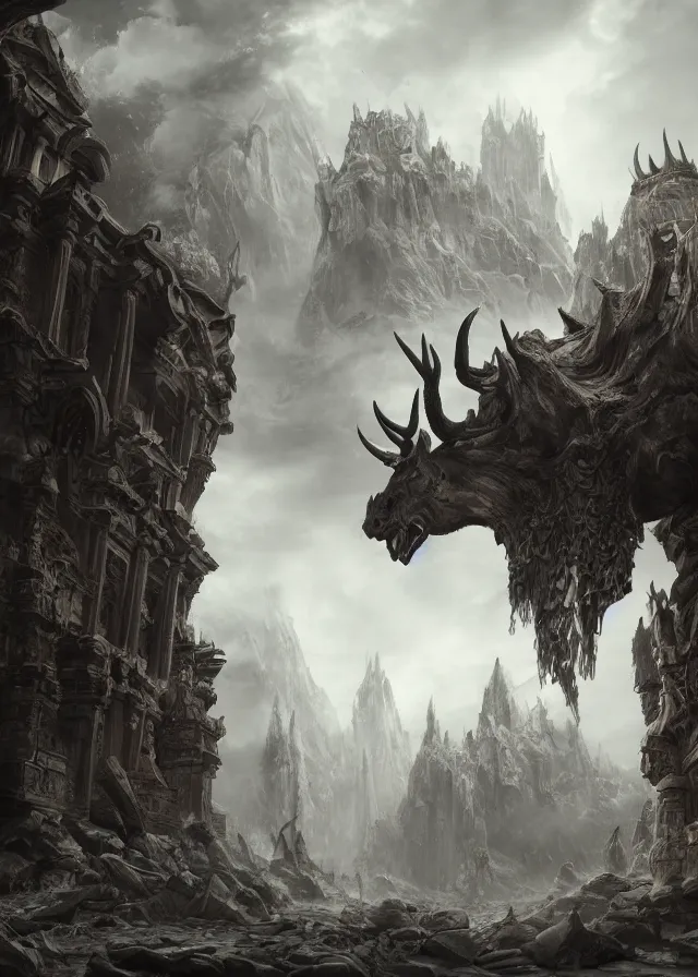 Prompt: a highly detailed matte painting of colossal stone antlers bursting from the middle of a gorgeous temple and splitting it apart, ominous, foreboding, moody, hyperdetailed, 8 k hd, concept art, artstation, deviantart, cg society,