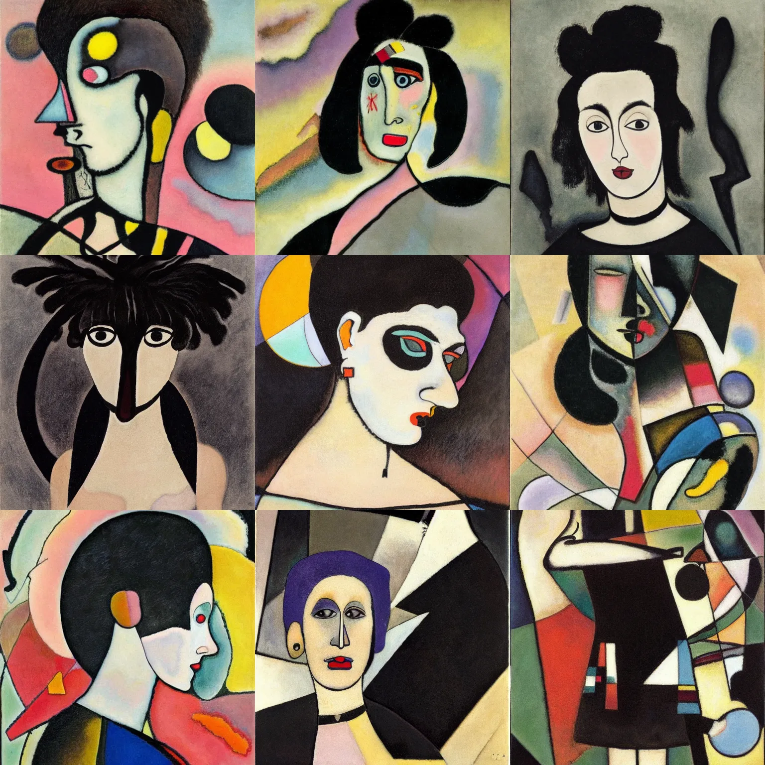 Prompt: A goth painted by Wassily Kandinsky. Her hair is dark brown and cut into a short, messy pixie cut. She has a slightly rounded face, with a pointed chin, large entirely-black eyes, and a small nose. She is wearing a black tank top, a black leather jacket, a black knee-length skirt, a black choker, and black leather boots.