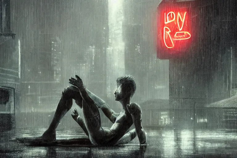 Image similar to roy batty with a bare torso sits in the lotus position with his head bowed in the rain on the roof of a building in the cyberpunk future, around neon signs, a little haze, night, realistic proportions, anime style ghost in armor