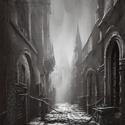 Image similar to bloodborne alleyway in the style of zdzisław beksiński