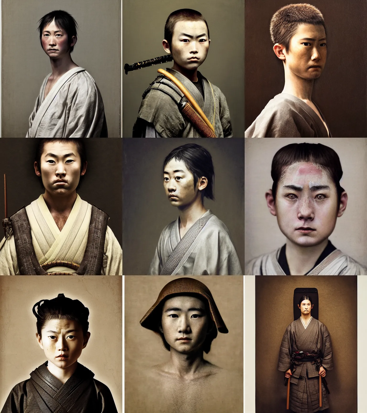 Prompt: realistic detailed portrait of a young samurai by Gregory Crewdson, Irving Penn, Rembrandt, Alex Horley and Jimmy Nelson!