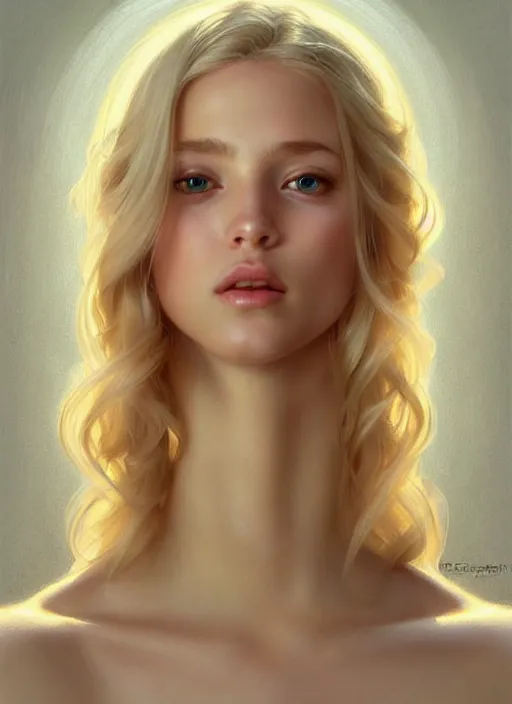 Image similar to perfect feminine face!! portrait of young wife blessed by god with ever - increasing physical mental perfection, blonde, symmetrical! intricate, sensual features, highly detailed, biblical divine holy!! digital painting, artstation, concept art, smooth, sharp focus, illustration, art by artgerm and greg rutkowski and alphonse mucha