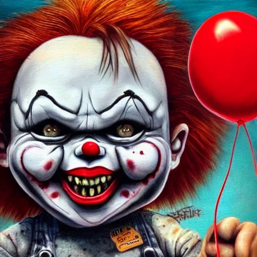 Image similar to grunge cartoon painting of chucky with a wide smile and a red balloon by chris leib, loony toons style, pennywise style, horror theme, detailed, elegant, intricate