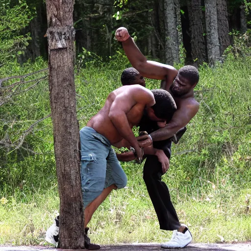 Prompt: Sasquatch besting a black man in a fight