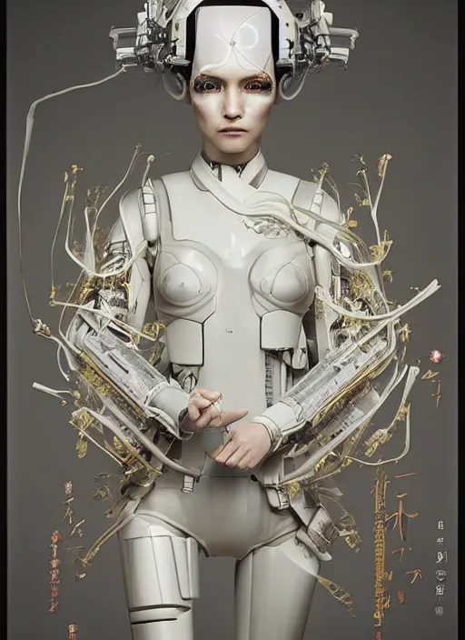 Image similar to portrait of a futuristic geisha cyborg walking in a digital storm with lens flairs, in the style of ghost in the shell, kintsugi, modern fine art, fractal, intricate, elegant, highly detailed, digital photography, subsurface scattering, by erwin olaf and greg rutkowski,