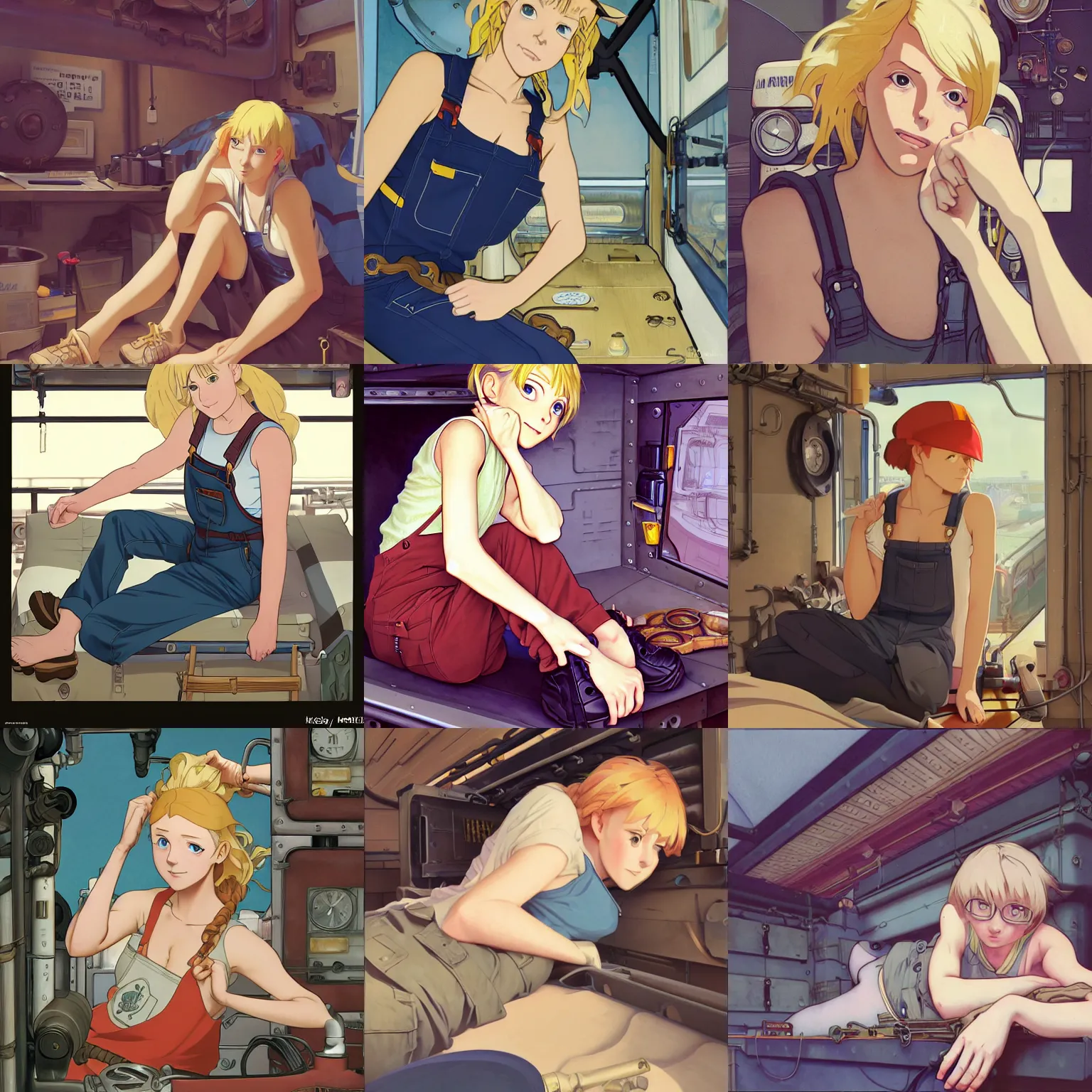 Prompt: Portrait of a mechanic resting in her cramped bunk, blonde, tank top, overalls, steampunk, beautiful face, highly detailed, cel shading, digital painting, anime key visual, Disney Animation Studio, by Makoto Shinkai and Hayao Miyazaki, by Ilya Kuvshinov and Alphonse Mucha and Krenz Cushart