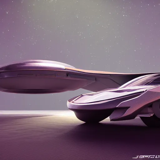 Prompt: full shot photograph of futuristic space ship inspired by vintage supercars flying in the milky way, JC park, Kezrek, Vincent Maréchal, Nicolas Bouvier, cinematic, hard surface modeling