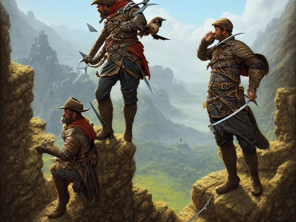 Prompt: middle age ranger with rugged expresions falcon pet on his sholder holding a long sword, top a cliff observing old ruins of a castle, elegant clothing, photorealistic render, matte patining, highly detailed, artstation, smooth, sharp focus, art by michael whelan, artgerm, greg rutkowski