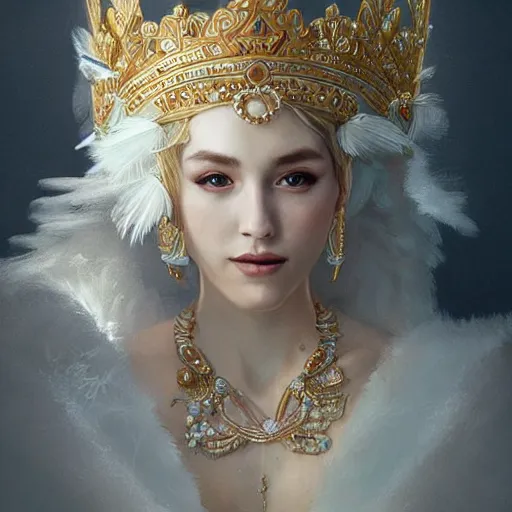 Image similar to a realistic queen with a decorated dress made of white pearls and white plumes of swan, highly detailed, digital painting, Trending on artstation , HD quality, by artgerm and greg rutkowski and alphonse mucha, dramatic light, octane