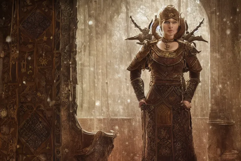 Image similar to the elder scrolls vi, charismatic regal brunette female jarl, portrait, rustic throne room, atmospheric lighting, painted, intricate, volumetric lighting, beautiful, daytime,, slight overcast weather, 4 0 0 0 k, sharp focus, deep colours, ultra detailed, by leesha hannigan, ross tran, thierry doizon, kai carpenter, ignacio fernandez rios