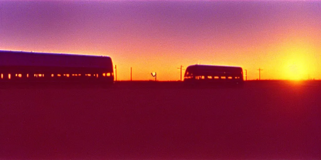 Image similar to an infinitely long greyhound bus never ending, sunset, eerie vibe, leica, 2 4 mm lens, cinematic screenshot from the 2 0 0 1 surrealist film directed by charlie kaufman, kodak color film stock, f / 2 2, 2 4 mm wide angle anamorphic