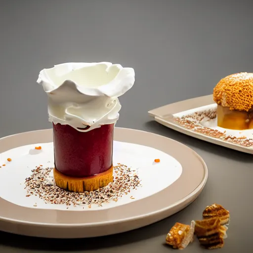 Image similar to extremely delicious looking photo of sweet desert in fancy stylish cup, very expensive top quality product, michelin star, most perfect desert on the world, small manufacture, unique style, 8 k, product photography, professional studio photography