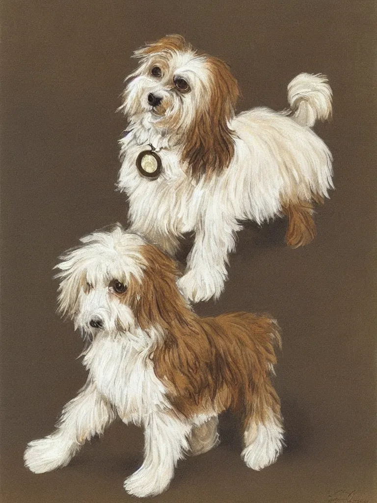 Prompt: a cream colored havanese dog, painting by louis wain