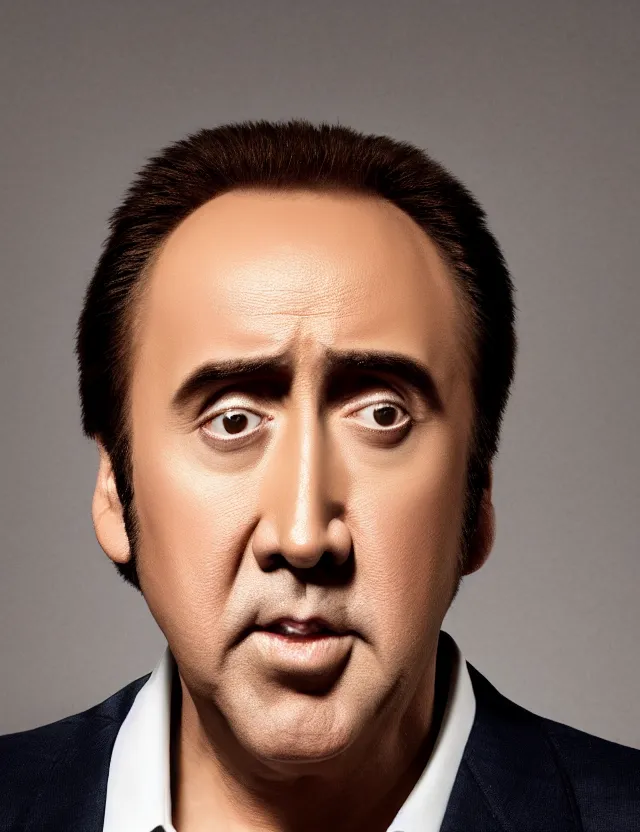 Image similar to professional portrait of nicolas cage neutral expression face straight on headshot even lighting