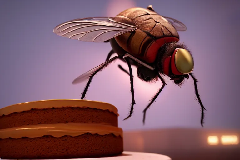 Image similar to a huge fly is sitting on a cake, 4 k, ultra details, cinematic, epic style, beautiful photo, hyper realistic, octane render, unreal engine, award winning, on artstation, volumetric lightning, masterpiece, golden hour,