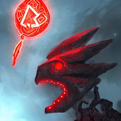 Image similar to a large rock elemental with glowing red runes adorning its body, it has a head shaped like a medieval helmet and one of its arms is much larger than the other, it stands menacingly with the camera looking up at it, high quality fantasy art