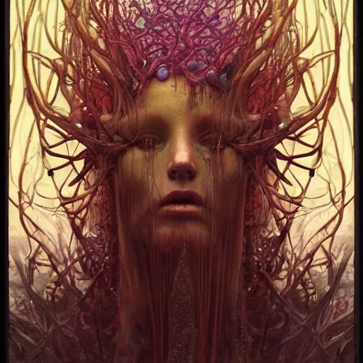 Image similar to forest spirit queen of jupiter by zdzisław beksinski, iris van herpen, raymond swanland, craig mullins and alphonse mucha. highly detailed, hyper - real, beautiful