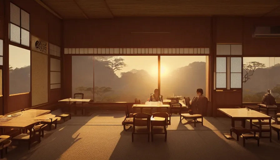 Prompt: old japanese restaurant with tables and chairs, sunrise through windows, old lady, hyperdetailed, artstation, cgsociety, 8 k