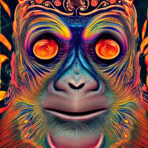 Image similar to An extremely psychedelic portrait of a monkey, surreal, LSD, face, detailed, intricate, elegant, lithe, highly detailed, digital painting, artstation, concept art, smooth, sharp focus, illustration
