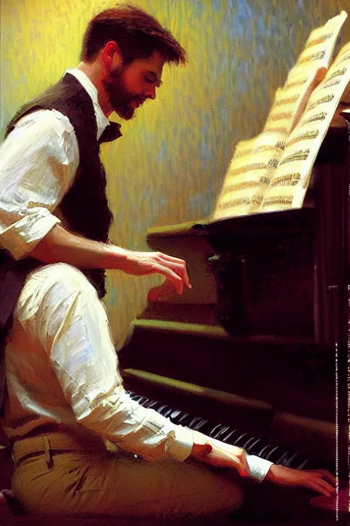 Image similar to attractive man, playing piano, painting by gaston bussiere, craig mullins