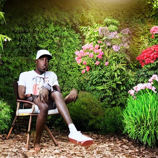 Image similar to A photo of Tyler the Creator sitting in the middle of a garden, 8K concept art, dreamy, garden, bushes, flowers, golden hour, vintage camera, detailed, UHD realistic faces, award winning photography, cinematic lighting