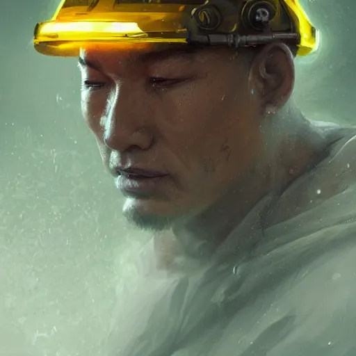 Image similar to a wise monk meditates under a waterfallto pieces with glowing yelow visor as a realistic, torso, art by james jean and greg rutkowski!!, realistic face, like fantasy, digital art, art, trending on artstation, 8 k