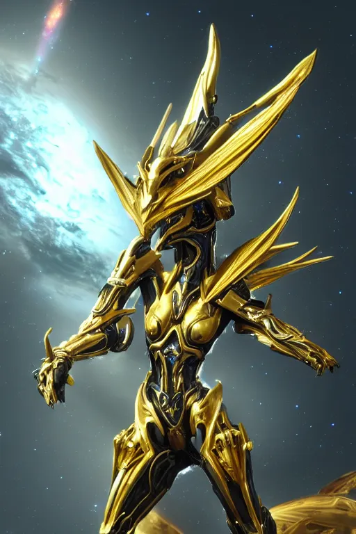 Prompt: galactic hyperdetailed elegant beautiful stunning giantess saryn prime anthropomorphic mecha female dragon goddess, sharp spines, sharp metal ears, sleek yellow eyes, smooth gold skin, smooth gold armor, bigger than galaxy, epic proportions, epic scale, epic size, warframe destiny fanart, furry, dragon art, goddess, giantess, furaffinity, octane render