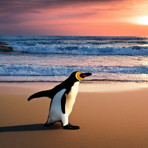 Prompt: photo of a penguin writing with a stick in the sand, sunset natural geographic, award winning