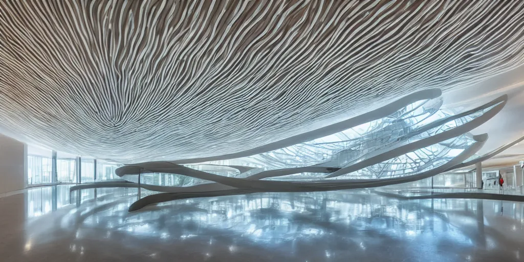 Image similar to extremely detailed stunning curvilinear museum interior with water centered sculpture piece and led strips