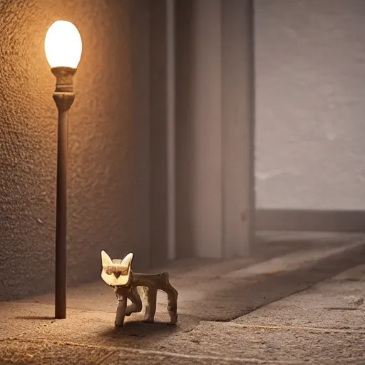 Prompt: cat made only out of bones, walking in an alley with a single lamp in it at night, 8 k, digital, calm, expressive, ray tracing, 4 k, highly detailed,