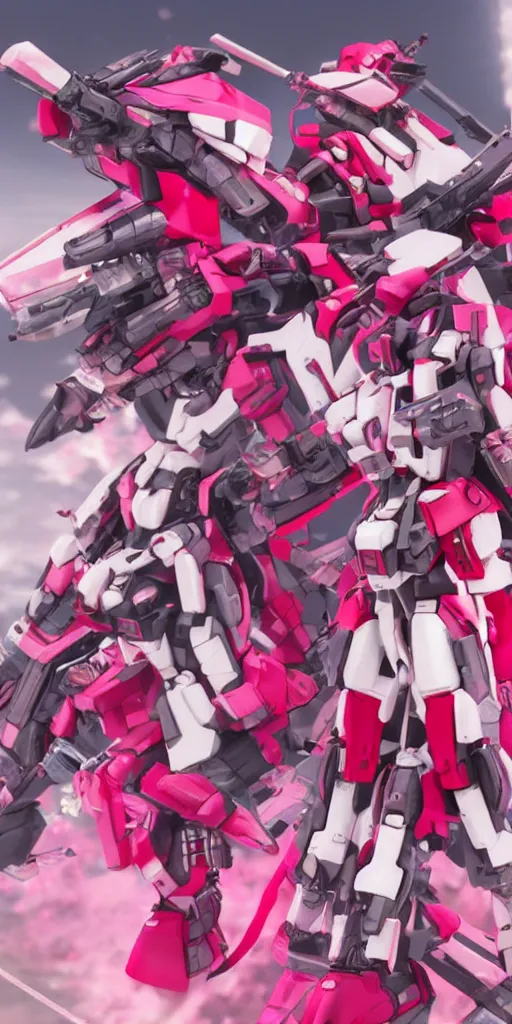 Image similar to isometric of female gundams in pink and red collection ， 3 d octane render ， provenance ， detailed,