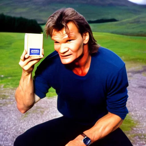 Image similar to patrick swayze eating! a cola cube, in scotland, high quality photograph,