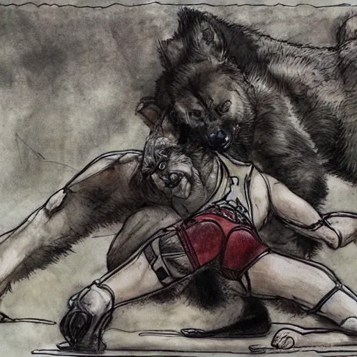 Image similar to a humanoid german shepherd beast - man wrestling with another german shepherd in the middle of an arena, pencil art, added detail, high definiton, colored, aerial viewyoji shinkawa