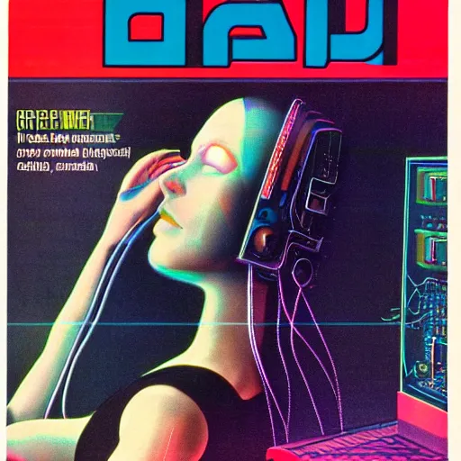 Prompt: cable plugged in, back of head, cyberpunk woman, computer, 1 9 7 9 omni magazine cover