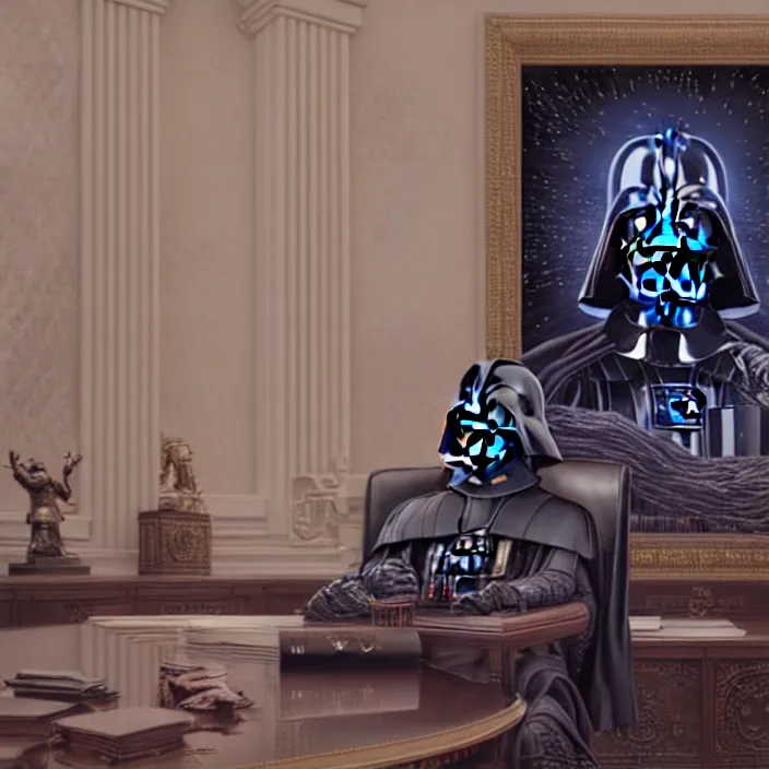 Image similar to portrait of darth vader in the oval office. intricate abstract. intricate artwork. by tooth wu, wlop, beeple, dan mumford. octane render, trending on artstation, greg rutkowski very coherent symmetrical artwork. cinematic, hyper realism, high detail, octane render, 8 k, iridescent accents