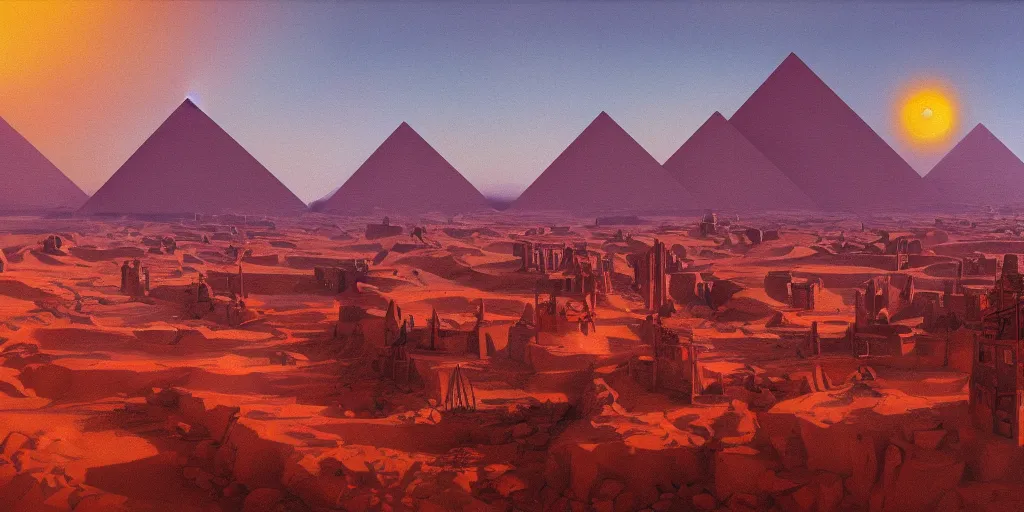 Prompt: an oil painting of a small city in the desert with a pyramid in the center and walls that surround the city and a dark red sun, fantasy,hyper realistic, atmospheric lighting, cinematic, 8k,