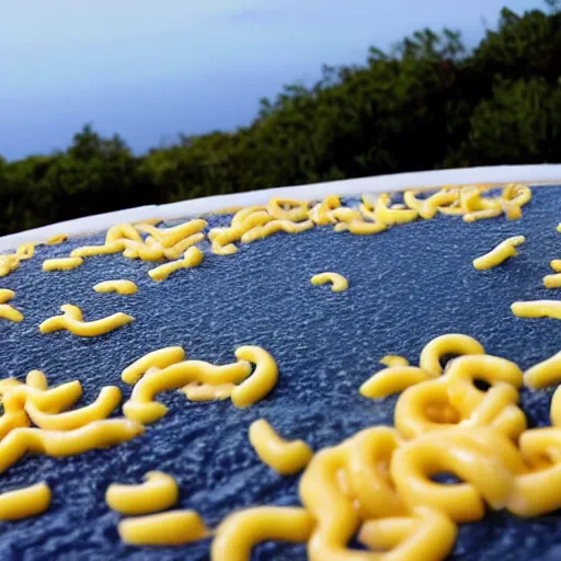 Image similar to On the flat earth, the oceans are prevented from falling off the edge by a giant wall made of macaroni and cheese.