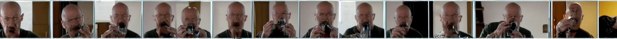 Prompt: 8 consistent frames from a video showing walter white drinking from a water bottle