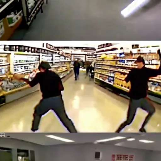 Prompt: cctv footage of a lightsaber fight inside a deli, security cam footage