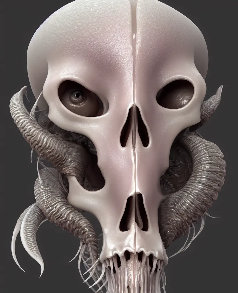 Prompt: goddess princess face close-up portrait ram skull. hard surface sculpting zbrush. jellyfish phoenix head, nautilus, orchid, skull, betta fish, bioluminiscent creatures, intricate artwork by Tooth Wu and wlop and beeple. octane render, trending on artstation, greg rutkowski very coherent symmetrical artwork. cinematic, hyper realism, high detail, octane render, 8k