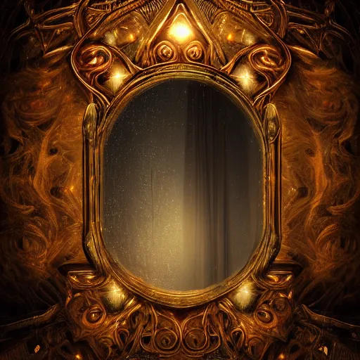 Image similar to a spell binding mirror, glowing magical symbols surrounding the mirror, epic mystical background by Keith Thompson and Christopher Bretz, highly detailed, digital painting, HDRI, vivid colors, high contrast, 8k resolution, intricate, photorealistic, smooth