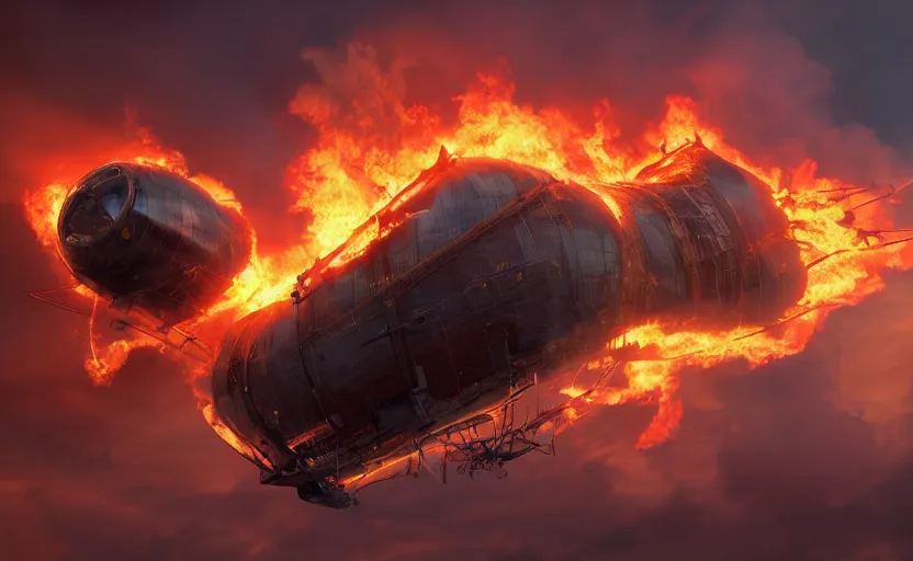 Prompt: a giant comcast themed steampunk airship heavily branded with the comcast logo and xfinity logo crashed and burning on the side of a cliff, people running in fear, flames and thick black smoke billowing, golden hour, turbulent storm clouds, dystopian, sharp focus, octane render, 8k