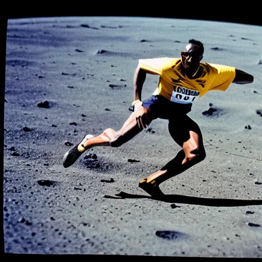 Prompt: usain bolt racing against an astronaut on the moon, kodachrome film