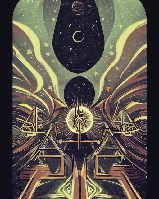 Prompt: retro dark vintage sci - fi. 2 d matte dark gouache illustration in a mystical style. tarot card back pattern. cosmic.