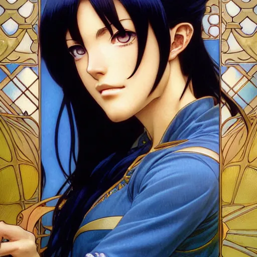 Image similar to highly detailed vfx portrait of nico robin by eiichiro oda!, makoto shinkai, alphonse mucha, msterpriece, art by artgerm and greg rutkowski!, blue eyes!!, large aquiline nose!!, gaston bussiere, stanley kubrick, kaoru mori, intricately detailed, behance, 4 k, hdr