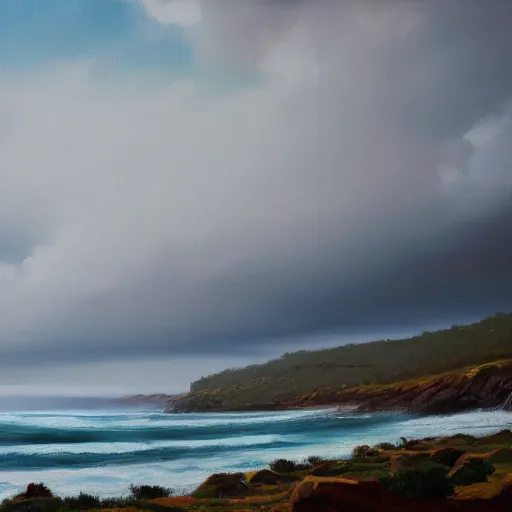 Image similar to a ranch by a ocean cliff, gray skies, aesthetic, oil painting, pale colors, high detail, 8 k, wide angle, trending on artstation,