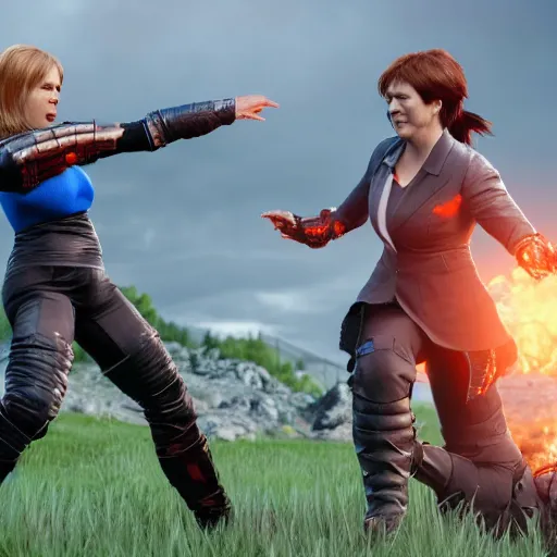 Image similar to Ultra HD Mortal Combat 9 screenshot of first Minister Nicola Sturgeon fighting for Scotland against conservative Mp Liz Truss in battle rendered in unreal engine, trending on art station, masterpiece